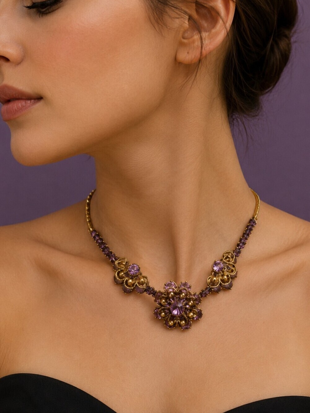 Vtg KRAMER NY 1960s Purple Crystal Floral Bridal Choker Necklace